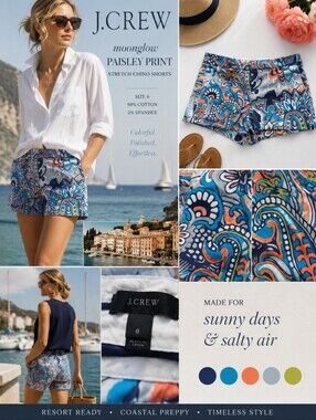 J.Crew Moonglow Paisley Print Stretch Chino Shorts - 6 - Blue Orange Cotton EUC